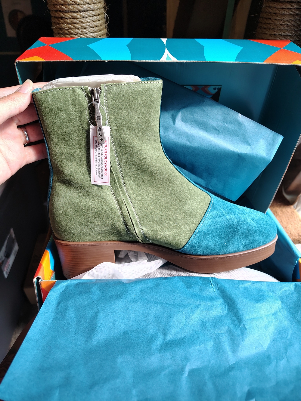 Lazo Siren Two-Tone Suede Ankle Boot in Labaoradite Blue & Verdite Green